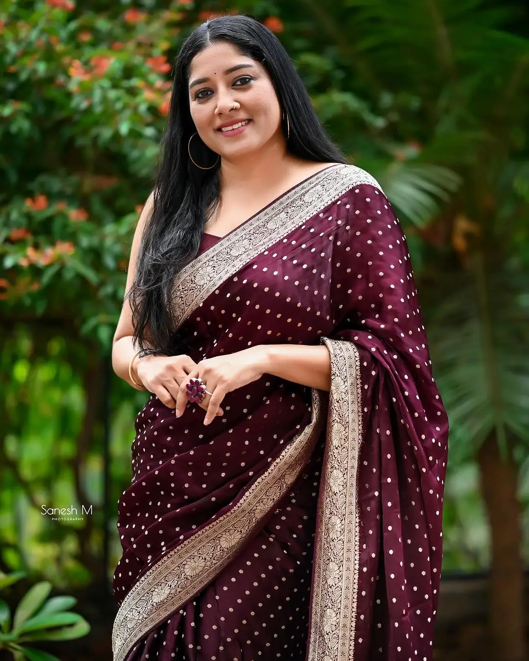 Malayalam Actress Anumol Images in Maroon Saree